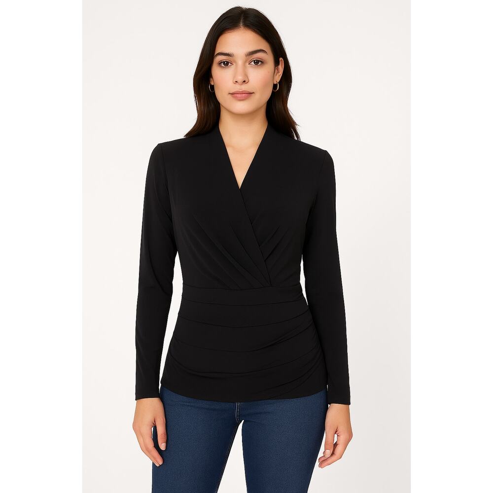 Lafayette 148 New York Black Draped Pleat Front Long Sleeve Top Size M